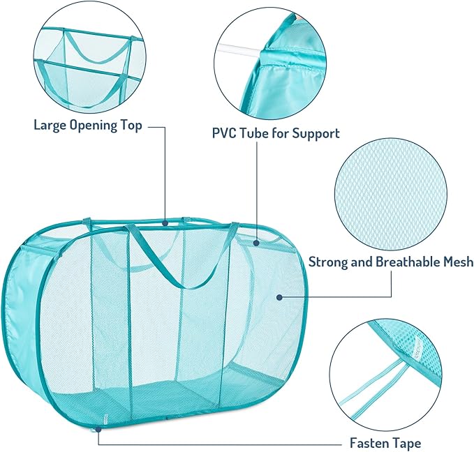Seiritex Mesh Popup Laundry Hamper 3 Compartment Sortable Horizontal Collapsible Laundry Basket for Clothes Laundry Room Bedroom Toys Travel (Turquoise Blue)