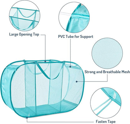 Seiritex Mesh Popup Laundry Hamper 3 Compartment Sortable Horizontal Collapsible Laundry Basket for Clothes Laundry Room Bedroom Toys Travel (Turquoise Blue)
