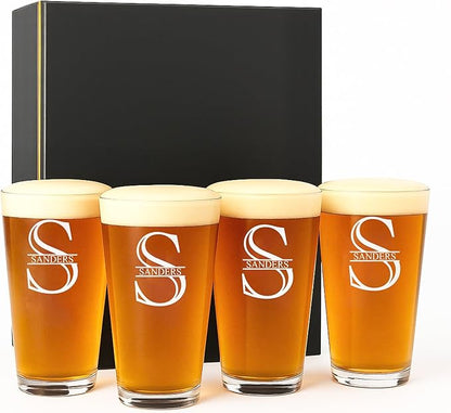 Personalized Glass Set of 4 - Custom Engraved Drinking Pint Glasses - Great Gifts for Men, Women, Family - For Valentine's, Anniversary, Housewarming, Christmas (Pint [x4])