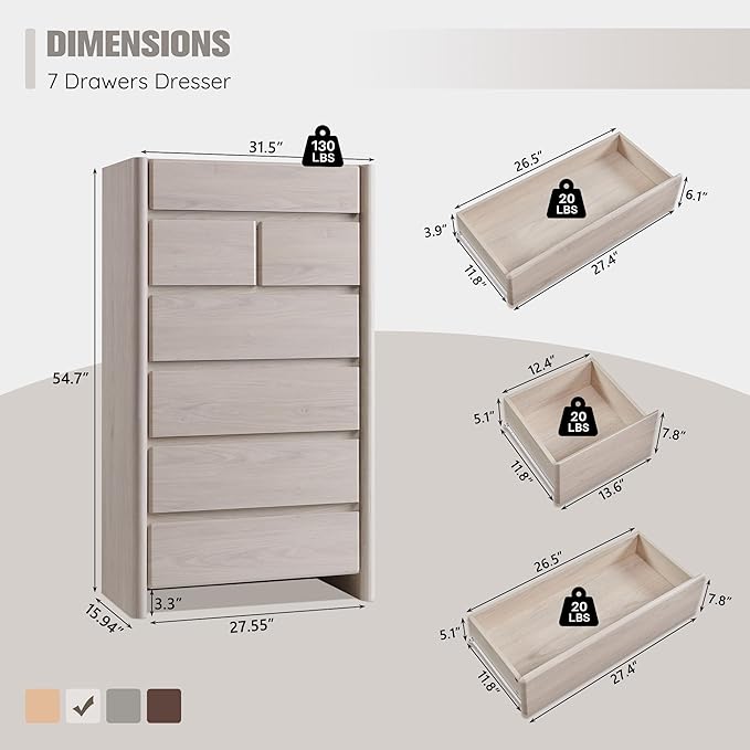 Modern 7 Drawers Dresser for Bedroom, 54.7" Tall Large Dresser & Chests of Drawers w/Rounded Corner, Wood Handleless Organizer Dresser w/Natural Texture for Bedroom, Living Room-Cream