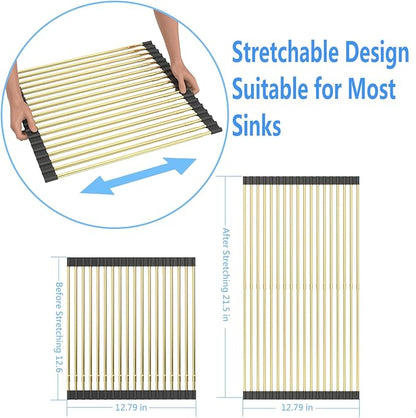 Large Expandable Roll Up Dish Drying Rack, Heat-Resistant Dish Drainer for Stainless Steel Sinks, Over The Sink Non-Slip Silicone Rollable Dish Drainer Roll Rack 18 Tube Gray Silicone & Gold Tube