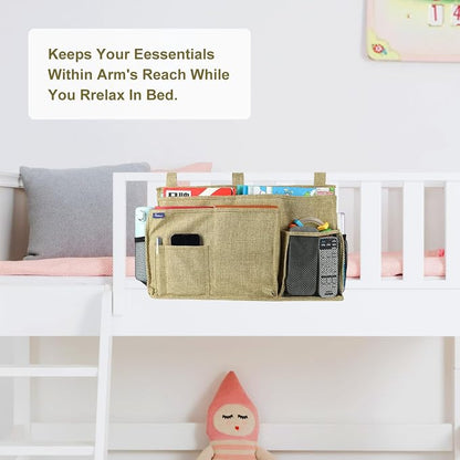 Surblue Bedside Caddy Hanging Bed Organizer Storage Bag Pocket for Bunk and Hospital Beds, College Dorm Rooms Baby Bed Rails, Camp 8 Pockets, (Large, Linen)