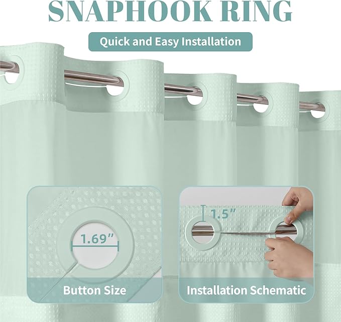 MintGreen No Hook Waffle Weave Shower Curtain with snap-in Liner Replacement, 230GSM Waterproof Fabric Hotel Shower Curtain Set for Bathroom, Through Mesh Top Window,71Wx74H
