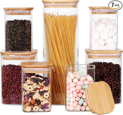 LEAVES AND TREES Y Glass Storage Canister with Wooden Lid, Set of 7 Square Glass Jars with Bamboo Lids, Glass Food Storage Containers for Pasta, Cereal, Flour, Sugar, Best for Kitchen & Pantry