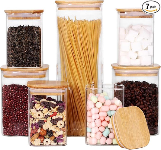 LEAVES AND TREES Y Glass Storage Canister with Wooden Lid, Set of 7 Square Glass Jars with Bamboo Lids, Glass Food Storage Containers for Pasta, Cereal, Flour, Sugar, Best for Kitchen & Pantry