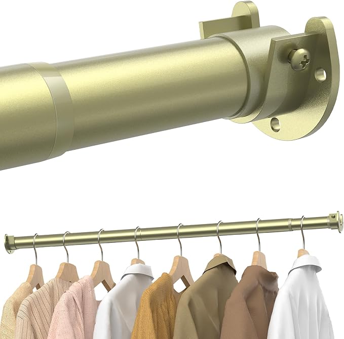 Supforce Closet Rods for Hanging Clothes, 17 to 69 Inches Stepless Adjustable Metal Closet Rod, 1.3 Inches Heavy Duty Clothes Hanging Rod for Closet Wardrobes Laundry RV, Verdant Gold