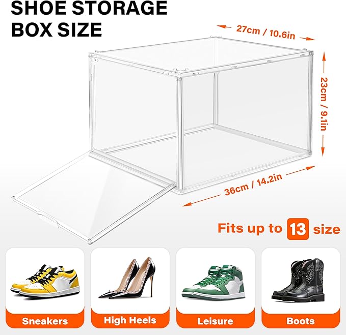 12 Pack Acrylic Shoe Organizer, Drop Front Shoe Boxes Fit US Size 13, Clear Stackable Hat Organizer Case for Closet, Entryway, Underbed, Multiple Display Cases for Hats, Figures, Sneakers