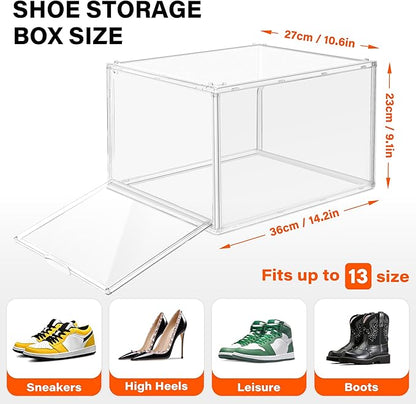 12 Pack Acrylic Shoe Organizer, Drop Front Shoe Boxes Fit US Size 13, Clear Stackable Hat Organizer Case for Closet, Entryway, Underbed, Multiple Display Cases for Hats, Figures, Sneakers