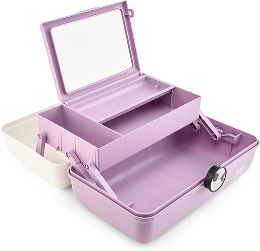 Caboodles School Spirit On-The-Go Girl Makeup Box, White Over Lavender, Hard Plastic Makeup Organizer Box, Built-In Mirror, Secure Latch for Safe Travel, Spacious Storage for Large Items