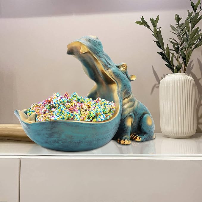 aboxoo Hippo Statue,Large Hippopotamus Figurine Home Sculpture with Resin, Hippo Candy Jar, Candy Dish Bowl for Office Desk, Key Bowl for Entryway Table,Container Storage Art Decor Box(Dark Blue)