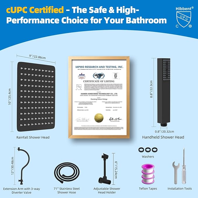 Hibbent All Metal cUPC Certified Shower Head, 10'' High Pressure Rainfall Showerhead Combo, Handheld Shower Wand, 12'' Adjustable Extension Arm, 4-Spray, 71'' Hose, Brass Shower Holder, Matte Black