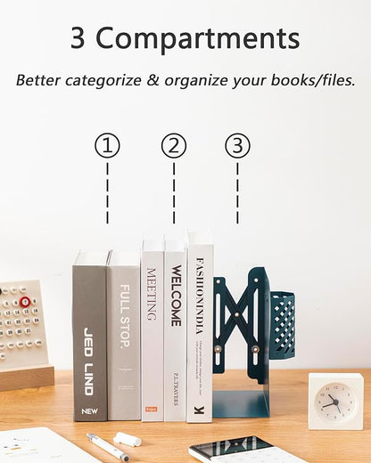 Kingsmile Book Ends, Adjustable Heavy Duty Metal Book Stoppers with Pen Holder for Desk Office Library Kids Room(Blue)