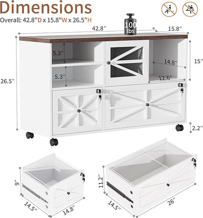 Semoic 2 Drawer Farmhouse File Cabinet with Lock, Mobile Lateral Filing Cabinet for Letter/Legal/A4 Size, Open Storage Adjustable Shelf for Home Office Cabinets,White