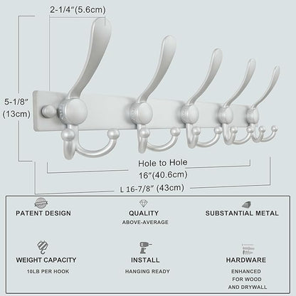 Dseap Coat Rack Wall Mount 2.0 Pro: Heavy Duty 300% Thicker, 16" Stud Mount, Stainless Steel Wall Coat Hooks Hanger for Clothes Jackets Hats Entryway Closet, MaxStrong Series, Silver