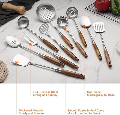 10 Pcs Cooking Utensils Set 304 Stainlss Steel Kitchen Utensils Set Heat Resistant Wooden Handle Kitchen Tools Metal Kitchen Utensil Soup Ladle Set, Dishwasher Safe