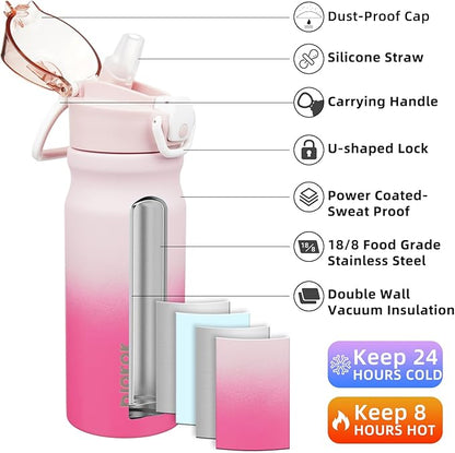 BJPKPK 18oz Insulated Water Bottle with Straw Stainless Steel Double Wall Water Bottles BPA Free Leak Proof Thermal Flask with Lockable Flip Lid and Soft Silicone Spout,Cherry Blossom