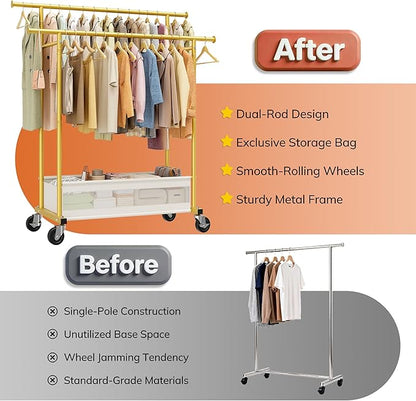 Clothes Rack, Clothing Racks for hanging clothes, Rolling clothes rack with Storage Basket & Heavy Duty Wheels, Double rods clothing rack for Bedroom, Laundry Room, Gold