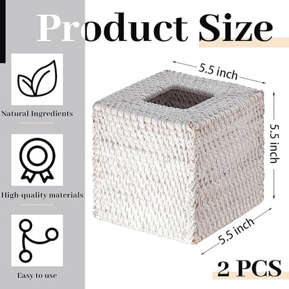 Kigley 2 Pcs Square Rattan Tissue Box Cover Boho Wicker Tissue Cube Box Cover 5.5'' x 5.5'' x 5.5'' Decorative Natural Wicker Hand Woven Napkin Box Holder Bathroom Office Car Accessories (White)