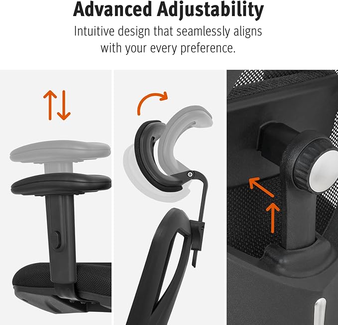 Ergonomic Office Chair - Adjustable Desk Chair with Lumbar Support and Rollerblade Wheels - High Back Chairs with Breathable Mesh - Thick Seat Cushion, Head, and Arm Rests - Reclines (Black)