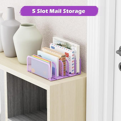 Mail Organizer Countertop, Metal File Holder with 5-Slot, Small Desk File Organizer for Letter, Bill, Mail Sorter, Desktop Letter Folder Holders for Office, Home, School (Purple)