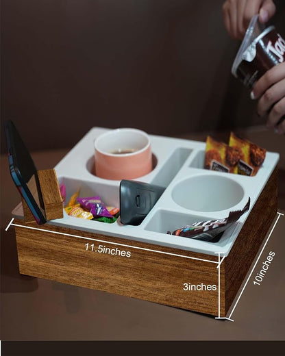 Couch Cup Holder Tray, Hitseon Soft Food Grade Silicone Acacia Wooden Couch Caddy for Bed Car Seat Beach Organizer, Anti-Spill Couch Drink Holder for Snacks Beverage Remote (Black, 11.5 * 10 * 3 in)