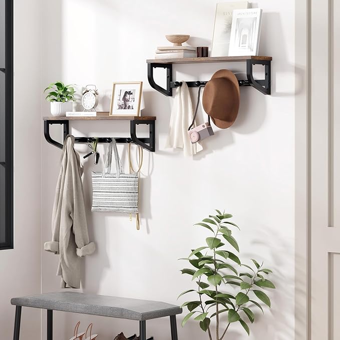 Coat Rack Wall Mount, Wood Wall Shelf with Hooks, Coat Hanger Wall Mount with 4 Metal Hooks, Wall Mounted Coat Rack Organizer for Entryway, Bedroom, Living Room, Room Decor, Brown 2 Pack