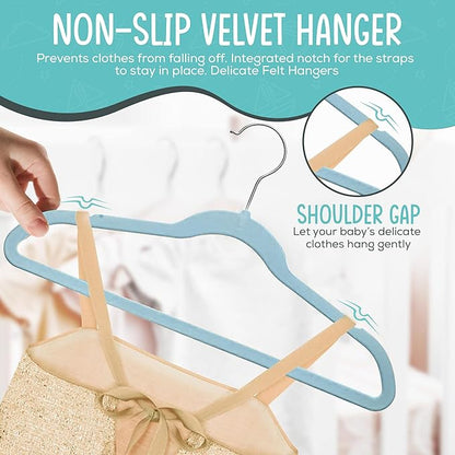 50 Premium Kids Velvet Hangers - 14" Non-Slip Ultra Slim Space-Saving Clothes Hangers with 360° Swivel Hook - Strong & Durable Hangers for Children & Preteens Wardrobe - Blue