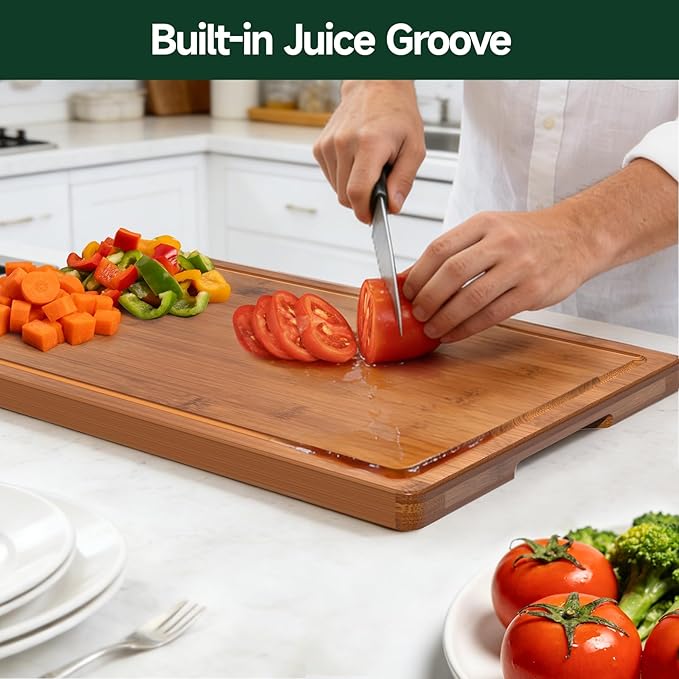 3-Piece Set Bamboo Cutting Board for Kitchen - Crack-Resistant Wood Chopping Boards with Deep Juice Grooves, Pre-Oiled Butcher Block for Meat, Vegetables & Cheese, Carbonized