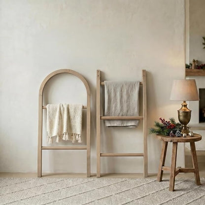 Wooden Blanket Ladder - Natural & Motley Wood - Leaning Wall Decor for Bedroom, Bathroom, Living Room - Rustic Quilt Holder & Towel Rack (Brown-Curved, 76in（5-Tier）)