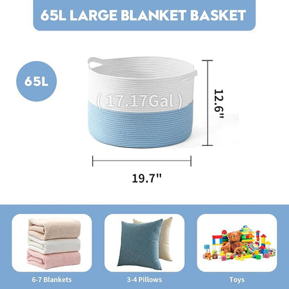 Foldable Laundry Hamper Basket with Collapsible Handle Cotton Rope Soft Woven Fabric Storage Organizer Clothes Toys Nursery Bedroom Dorm Space Saving Bin (White & Blue, 65L(19.7"D x 12.6"H))