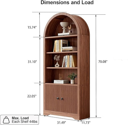 70" Arched Bookcase with Storage, 6 Tier Bookshelf with Door, Freestanding Display Storage Cabinet Farmhouse Storage Shelves for Living Room,Bedroom Home Office,Walnut Oak