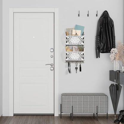 2-Slot Mail Organizer Wall Mount with 4 Hooks, Rustic Key and Mail Holder for Home Decorative, Wooden Key Hangers Wall File Organizer Letter Sorter for Letter Magazines