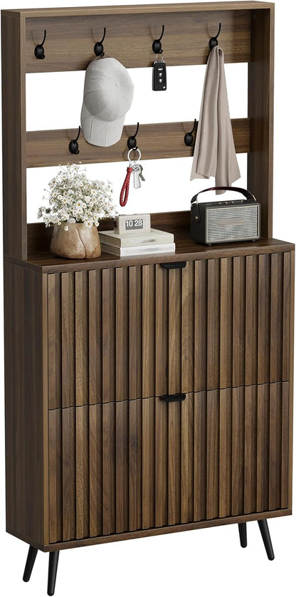 Smuxee Shoe Cabinet with 2 Flip Drawers & Coat Rack Hooks, 31.5" Walnut Hidden Shoe Storage Cabinet, 2-in-1 Hall Tree Slim Freestanding Shoe Rack Organizer for Entryway, Hallway, Living Room