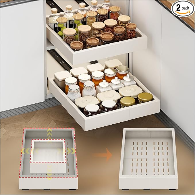Fokyfok 2Pc Pull out Cabinet Organizer,Width(11"-16"),Depth(17"-24") Expandable No Drill Roll out Drawers,Adhesive Sliding Drawers,Slide out Shelves for Cabinets Without Lip,Kitchen,Pantry,White