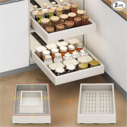 Fokyfok 2Pc Pull out Cabinet Organizer,Width(11"-16"),Depth(17"-24") Expandable No Drill Roll out Drawers,Adhesive Sliding Drawers,Slide out Shelves for Cabinets Without Lip,Kitchen,Pantry,White