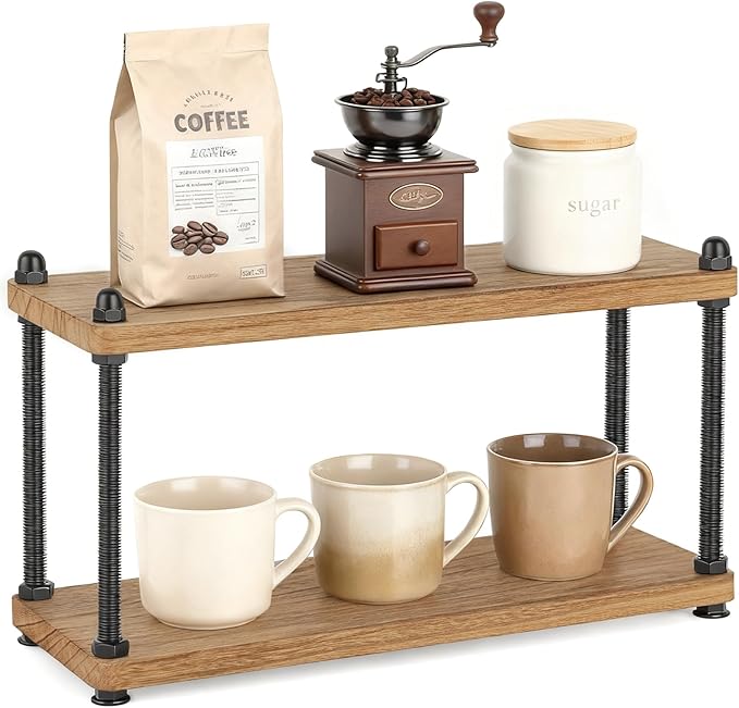 Mkono Coffee Station Organizer Wooden Mug Holder for Countertop Cup and Mug Shelf for Coffee Bar Accessories Rustic Matcha Stand 2 Tier Storage and Display Rack for Tea Cups Kitchen Office