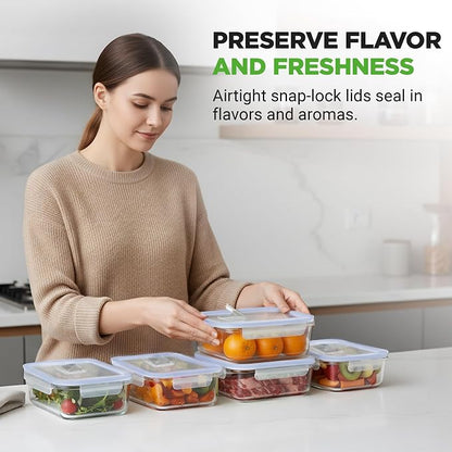 NutriChef 10-Piece Glass Food Containers - Stackable Superior Glass Meal-prep Storage Containers, Newly Innovated Leakproof Locking Lids w/Air Hole, Freezer-to-Oven-Safe (Blue)