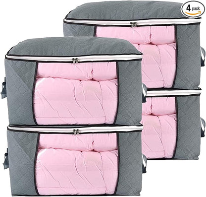 combocube Comforter Storage Bag, Zippered Bag with Large Clear Window and Carry Handles, Space Saver Organizers for Closet, Blanket, Pillow, Quilt, Bedding, Clothes (4Pcs Grey Large)