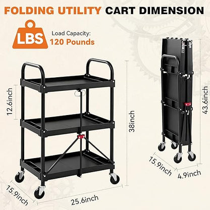 DUMOS 3-Tier Folding Utility Cart, Collapsible Service Cart with 4 Swivel Wheels & Brakes, 120LBS Capacity & Collapsible Storage Rolling Cart for Kitchen, Office, Garden, Garage, Black