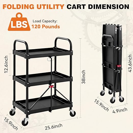 DUMOS 3-Tier Folding Utility Cart, Collapsible Service Cart with 4 Swivel Wheels and Brakes, 120LBS Capacity & Collapsible Storage Rolling Cart for Kitchen, Office, Garden, Garage, Pure Black