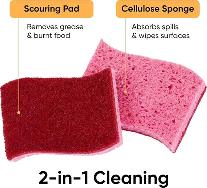 Non-Scratch Cellulose Sponge Kitchen Scrub Sponge with Scouring Pad Set, Good for Non-Stick Cookware Frying Pan, Pot, Counter Top, Sink Scrubbing, Kitchen Scrubbers, Pack of 2, (Red/Pink)