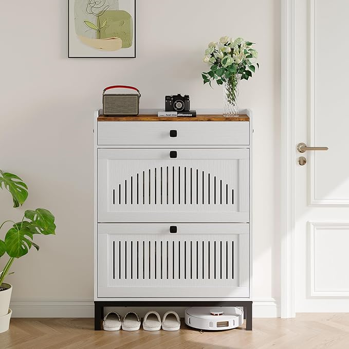 Garvee 2 Flip Drawer Shoe Cabinet with Adjustable Shelves, Hidden Shoe Organizer with Top Drawer, Freestanding Wooden Shoe Rack for Entryway, Hallway, Living Room, White