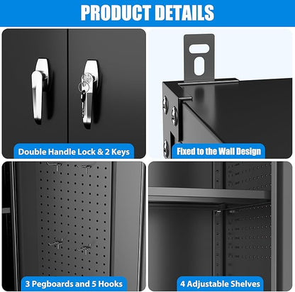 43.3''W x 22''D x 72''H Wide and Deep Garage Storage Cabinet with Wheels & Pegboard & 9 Hooks, Lockable Metal Storage Cabinet with 2 Doors and 4 Adjustable Shelves for Garage, Home, Black
