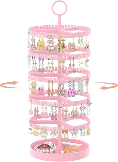 iDavosic.ly 5 Tier Rotating Earring Holder Organizer with Metal Tray, Adjustable Plastic Dangle Display Stands Tree with 285 Grooves, Large Hoop Storage Rack Tower, Pink