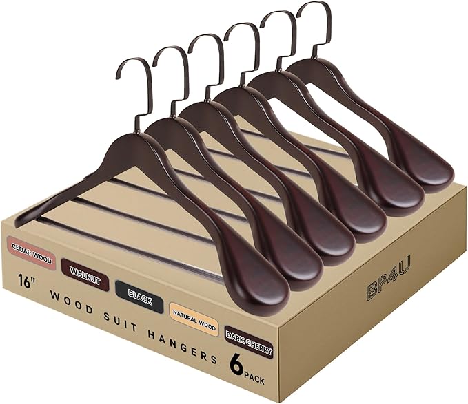 16-Inch Wooden Suit Hangers with Non Slip Pants Bar, 6-Pack Wood Extra-Wide Shoulder Hangers, Flat-Head Hook Hangers for Suits, Coats, Jackets, Shirts, Pants, and Heavy Clothes (Dark Cherry)