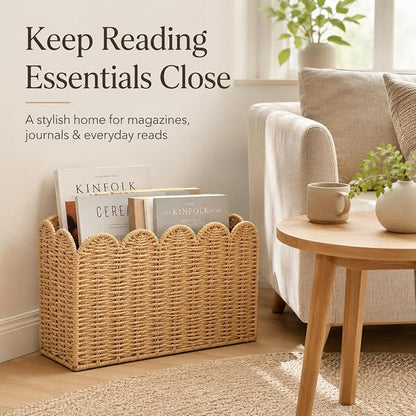 Paper Rope Magazine Holder for Floor with Scalloped Edge, Tall Narrow Wicker Magazine Basket – Book Basket, File Holder & Mail Basket for Living Room, Office & Bedroom