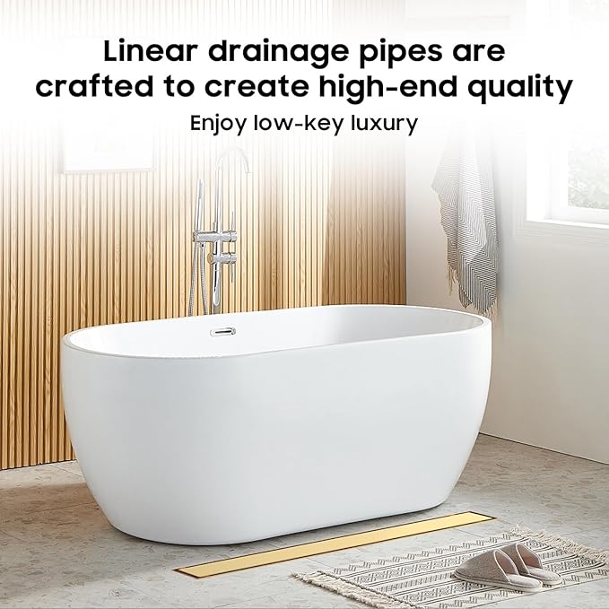 DLONE Linear Shower Drain | 60" AISI 304 Stainless Steel Linear Drain, Brushed Gold Shower Drain with Tile Insert Panel & Adjustable Feet, Long Rectangle Shower Floor Drain in Bathroom, Balcony, etc