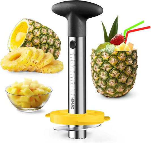 ZAFNAH Pineapple Cutter and Corer Tool, Stainless Steel Pineapple Slicer Peeler, Easy Pineapple Core Remover Eye Removal Tool,ZAFNAH Pelador De Piña (Pineapple corer with Yellow cube cutter)