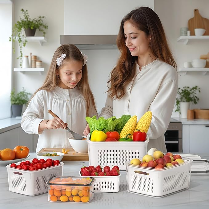 4 PCS Fruit Storage Containers for Fridge, Produce Containers for Fridge with Removable Colander, All-In-One Fruit Washing Bowl with Strainer Microwave/Dishwasher Safe for Salad Berry Lettuce Keeper