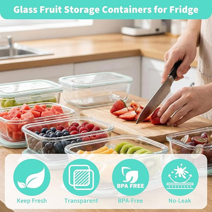 2 Pack Fruit Storage Containers for Fridge, Glass Fruit Containers for Fridge with Airtight Lid, Airflow Vent Design to Keep Produce Fresh Longer, Ideal for Fruits and Vegetables Storage